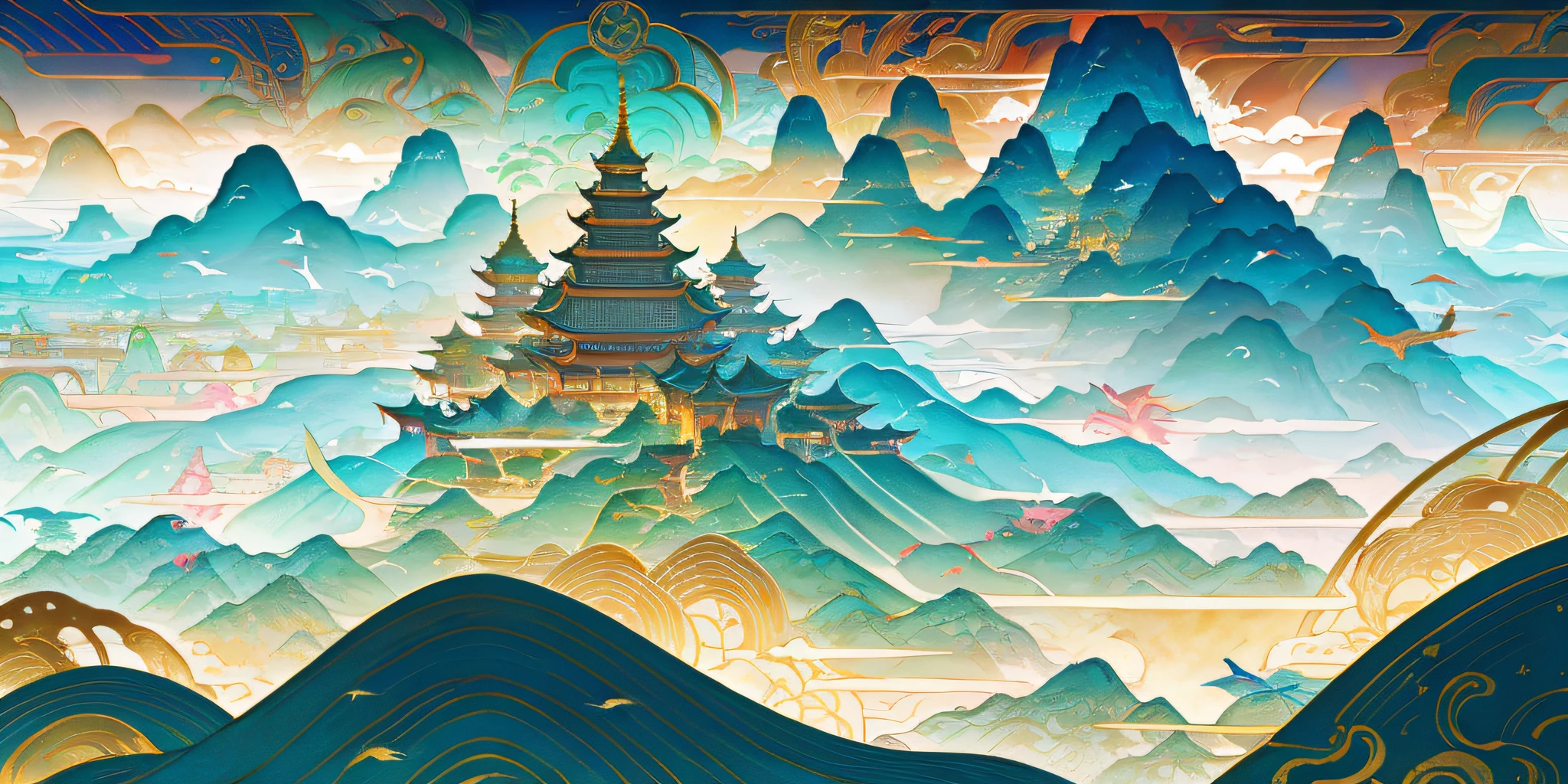 Images of Asian landscapes，There are mountains and birds in the sky，Dreamy, otherworldly visual style，Light cyan and gold，intricate map world，hyper-realistic illustration，romantic cityscapes，detailed character illustrations，Organic shapes and curves， --v6