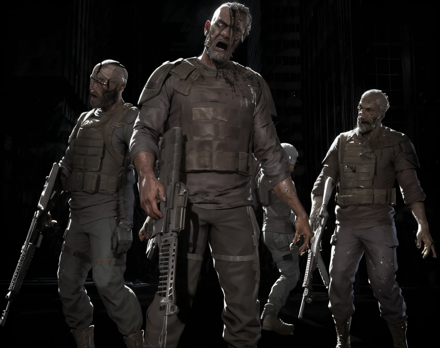 zombies are walking in a line with their weapons in a dark room, zumbis de call of duty, Horda de zumbis, Zumbis, morto-vivo. altamente detalhado, Soldados mortos-vivos no fundo, Zombie attack during WW2, zumbi na arte conceitual do terror, zumbi de doom eternal, Apocalipse de zumbis, zumbi, Desolado com zumbis, resident evil virus concept art, Ghouls zumbi