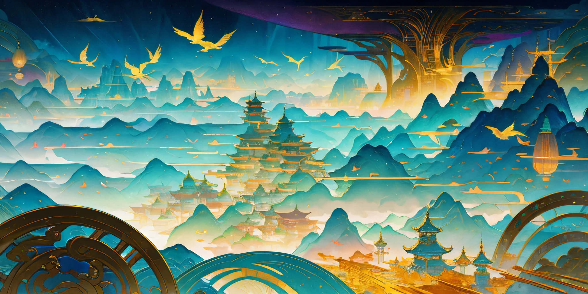 Image of Asian landscape,There are mountains and birds in the air,In a fantastical otherworldly visual style,Light cyan and gold,intricate map world,surreal illustrations,romantic cityscapes,detailed character illustrations,Organic shapes and curves, --v6
