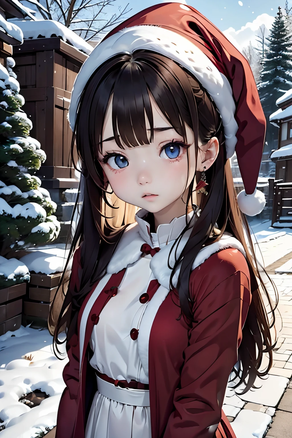 raw、santa claus 、one girls、a baby face、Cute s、Slender and beautiful、small tits、7Head and body、A dark-haired、brown ayleid twin tails:1.5、Red Santa Claus Hat、Meticulously drawn eyes、enticing、Twin-tailed、It's snowing、snow country、Christmas tree、Christmas Colors、Winters、Silence、natta、Beautiful night sky、