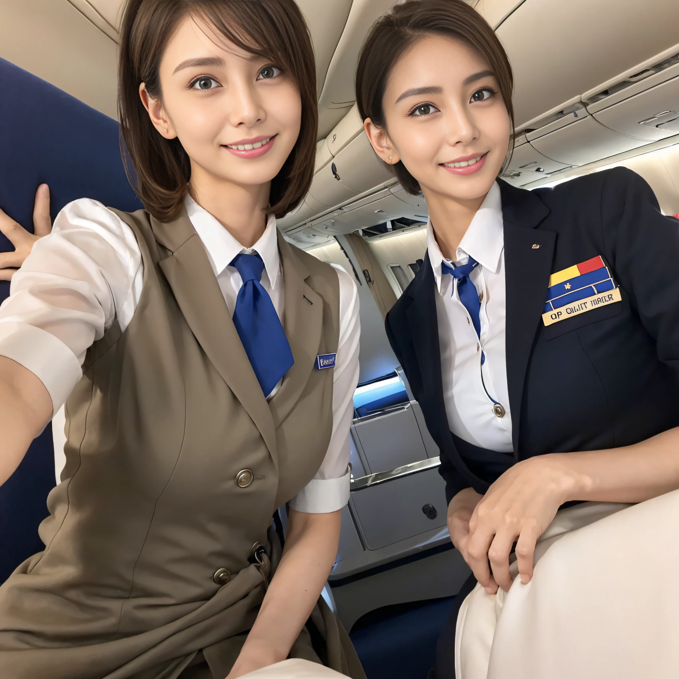 ((Top Quality, 8K, Masterpiece: 1.3)), Sharp Focus: 1.2, Perfect Style, Cute smile, beautiful two sisters, (Identical stewardess uniform), waist constriction, beautiful legs, taut skin, very detailed face and skin texture, detailed eyes, double eyelids, pale cheeks, healthy skin, (layered hairstyle, dark brown hair), ((disheveled clothes and hair: 1.2)), (flight attendant uniform: 1.2), (slender body), (natural breasts:0.6, cleavage:0.5), (in an incredibly crowded plane)), from below, ((happy look)), (seductive appearance: 1.2), matsushima nanako