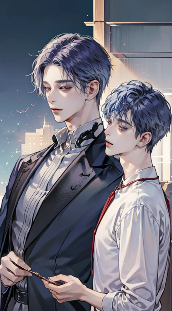 ​masterpiece, top-quality, 2Others, Male couple, 1 man and 1,, Adults, Height difference, different fashion, different color, finely eye and detailed face, intricate detailes, Casual clothing, Oversized shirt, Modern cityscape, A smile, Happiness, tenderness, queers, high-level image quality、 Two beautiful men、tall、The upper part of the body、nightfall、nighttime scene、𝓡𝓸𝓶𝓪𝓷𝓽𝓲𝓬、Two Men Kissing, Korean Male, Idol Photos, k pop, Professional Photos, Vampires, Korean fashion in black and white, Fedoman with necklace, inspired by Sim Sa-jeong, androgynous vampire, :9 detailed face: 8, extra detailed face, detailed punk hair, ((eyes are brown)) baggy eyes, Seductive. Highly detailed, semi realistic anime, Vampires, hyper realisitic , delicate androgynous prince, imvu, short hair above the ears, Man with short hair, Purple-haired man with a glaring expression and a man with light blue hair with a gentle expression, With a short-haired man with bright purple hair, Man with light blue hair, kiss together, Kissing each other,
