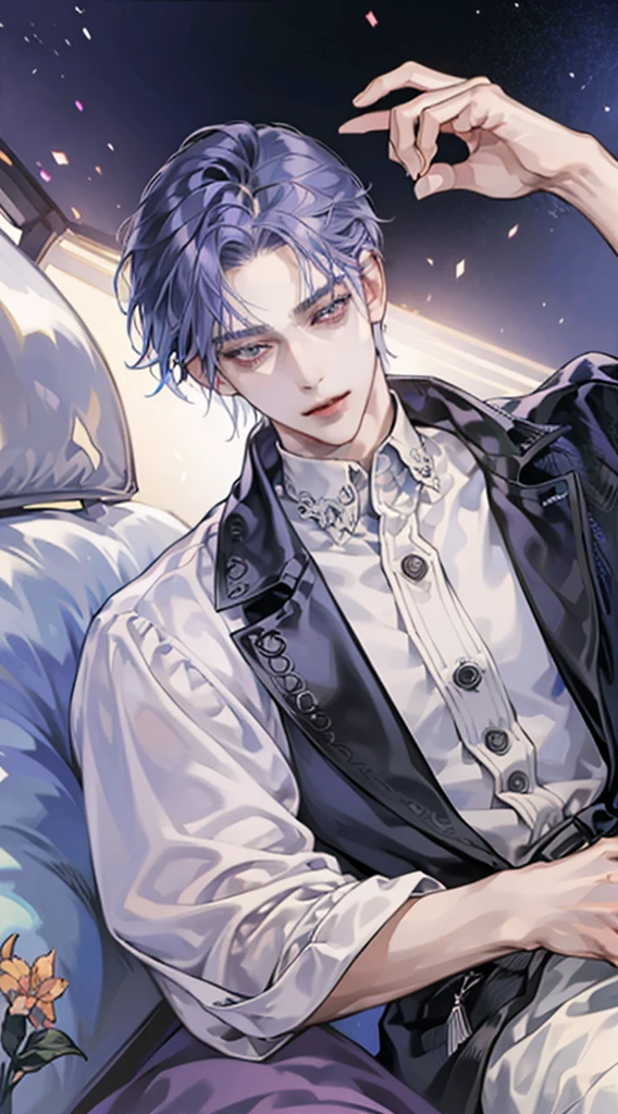 masterpiece, top-quality, 2Others, Male couple, 1 man and 1,, Adults, Height difference, different fashion, different color, finely eye and detailed face, intricate detailes, Casual clothing, Oversized shirt, Modern cityscape, A smile, Happiness, tenderness, queers, high-level image quality、 Two beautiful men、tall、The upper part of the body、nightfall、nighttime scene、𝓡𝓸𝓶𝓪𝓷𝓽𝓲𝓬、Two Men Kissing, Korean Male, Idol Photos, k pop, Professional Photos, Vampires, Korean fashion in black and white, Fedoman with necklace, inspired by Sim Sa-jeong, androgynous vampire, :9 detailed face: 8, extra detailed face, detailed punk hair, ((eyes are brown)) baggy eyes, Seductive. Highly detailed, semi realistic anime, Vampires, hyper realisitic , delicate androgynous prince, imvu, short hair above the ears, Man with short hair, Purple-haired man with a glaring expression and a man with light blue hair with a gentle expression, With a short-haired man with bright purple hair, Man with light blue hair, kiss together, Kissing each other,