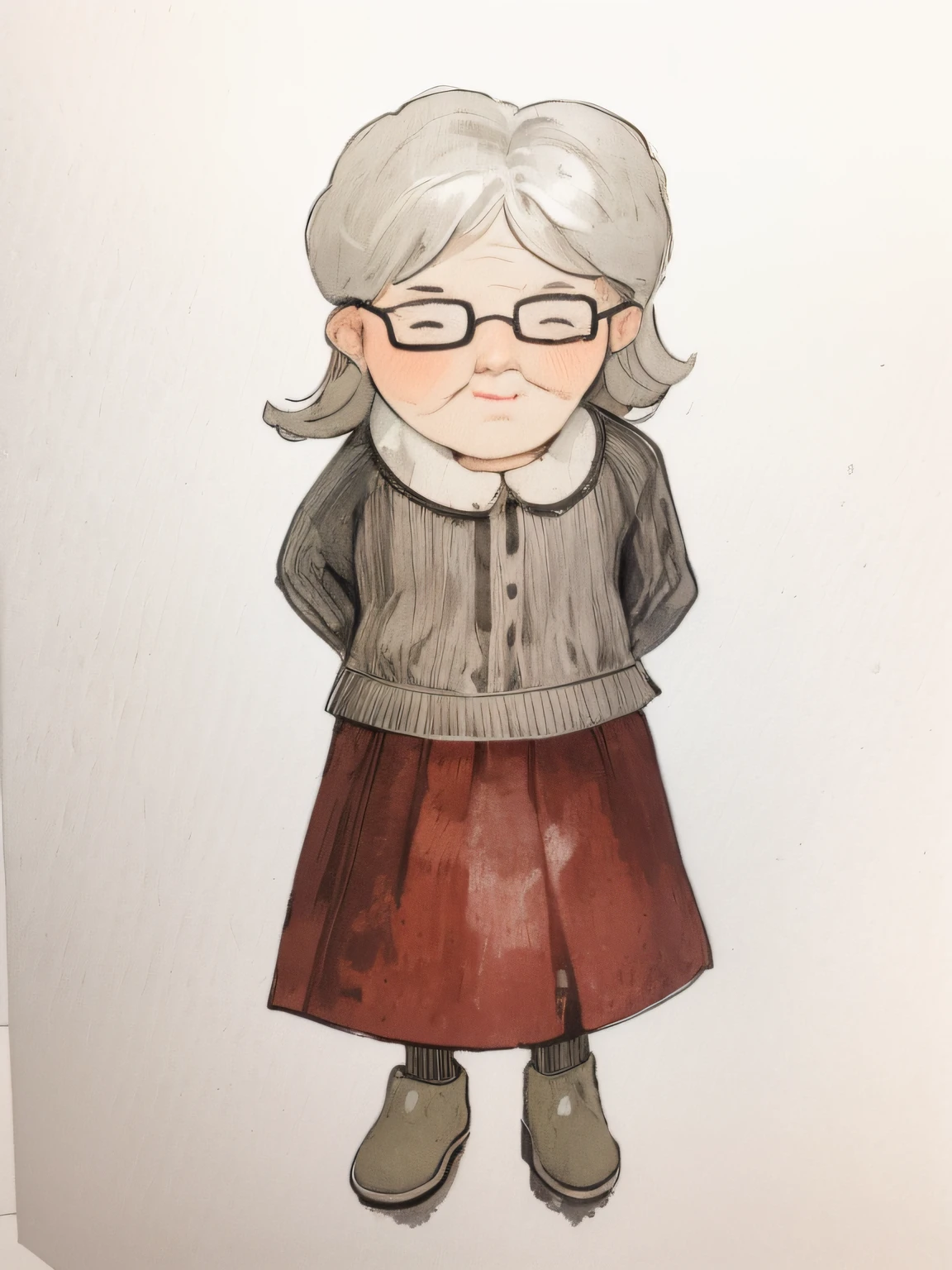 There is a painting，This painting is of a man wearing glasses、Woman in sweater, Inspired by Hilda Anita Walker, old woman, Inspired by Oliver Moody Cook, short full body portrait!, watercolor paiting, An old lady, character portrait of me, Inspired by Hilda May Gordon, full body character portrait, Inspired by veteran character artists