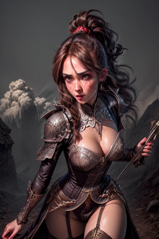 Hohe Detailgenauigkeit, best quality, 8K, [Ultra-detailliert], Meisterwerk, best quality, (Extrem detailliert), Dynamischer Winkel, Ultra-Weitwinkel-Aufnahme, .RAW, fotorealistisch, Fantasy-Kunst, DND-Kunst, RPG-Kunst, Realistische Kunst, ein Weitwinkelbild, one beautiful female archer, archery, super sexy, wearing leather armor with Lord of the Rings-style decorations, large medieval castle, only, perfect and beautiful symmetrical face like Jessica Alba, blaue Augen, mischievous smile, Langes lockiges Haar, perfect hands, Highly detailed, (majestic spear:1.2) in his hand, Spear thrust, Angriffs-Pose, (Blut:1.5), Schroffe Landschaft, chaos, battle, battlefield, fire and smoke, dnd, Dunkle Kunst, Highly detailed, Halten Sie eine (Speer:1.1) In ihrer Hand, ((Blut)), Dynamische Pose, Dynamic, drastic atmosphere, filmischer Hintergrund, (Meisterwerk:1.3), hight resolution dynamische Pose, drastic atmosphere, filmischer Hintergrund, (Meisterwerk:1.2), hight resolution