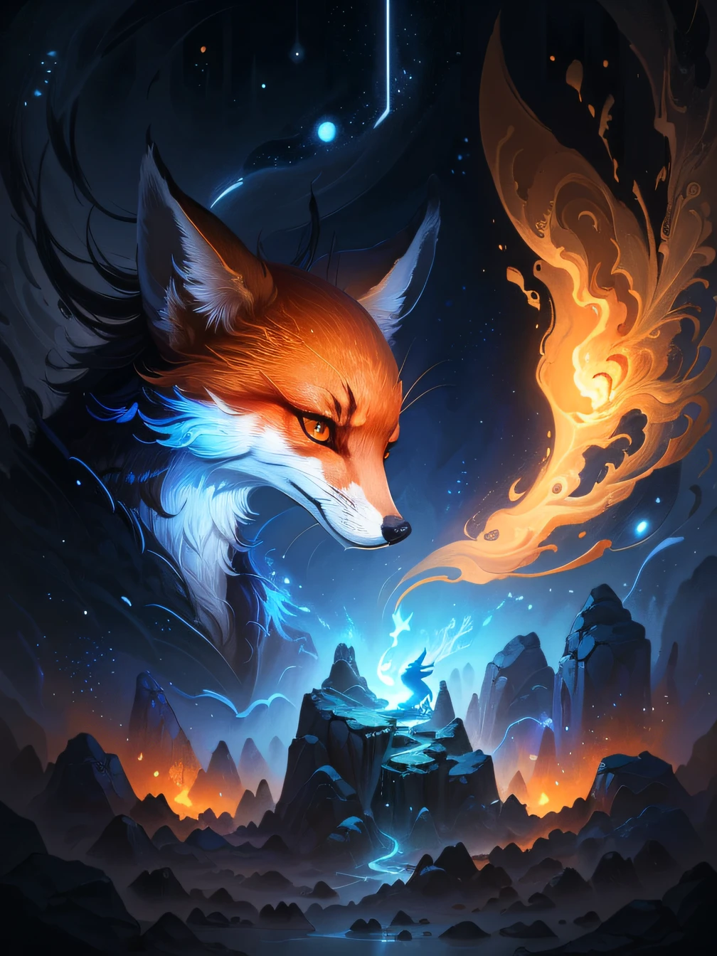 フォトリアリスティック,realistically,Close-up of the fox,Disney style, , Detailed digital 2D fantasy art,Bright warm tones,like the deep blue night sky,Bright stars,orange and lights , chengwei pan on artstation, 4k highly detailed digital art, 4k detailed digital art,
