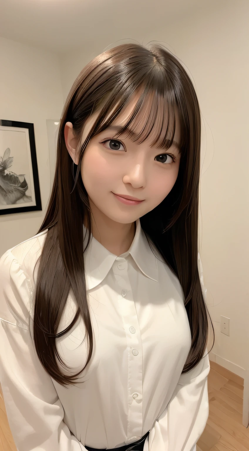 (8K、top-quality、masterpiece:1.2)、(realisitic、Photorealsitic:1.37)、ultra-detailliert、1womanl、20yr old、独奏、((Beautiful ribbons))、((A dark-haired))、(A smile:1.15)、beautiful finely detailed eyes、(shirt with collar:1.1)、business clothes、(short-hair:1.2)、medium shot、Random Shots、(((Art Room)))