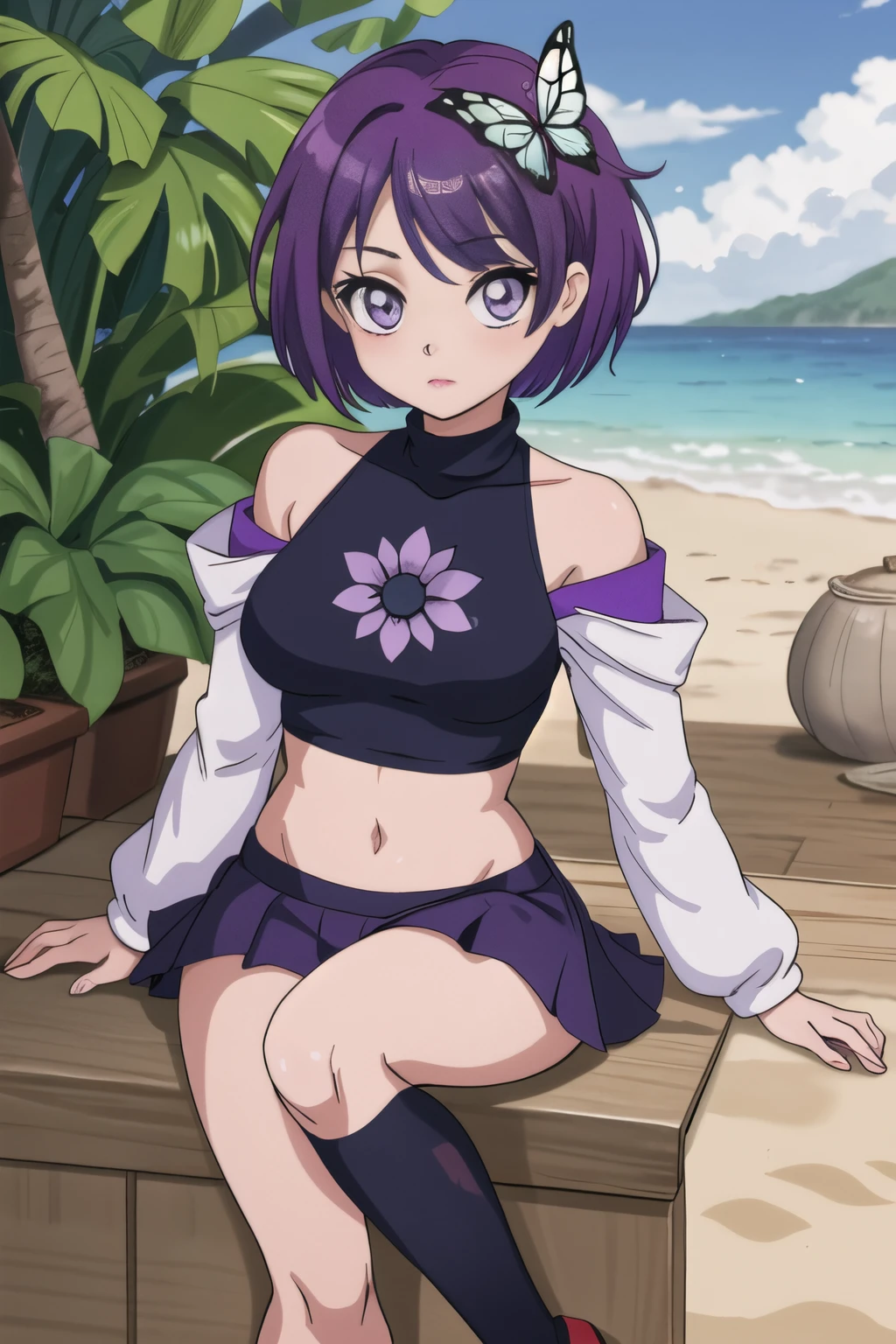 bisquedoll anime style, masterpiece, best quality, highres, 1girl, solo, fang, skin fang, short hair, (mole on thigh:0.8), bangs, hair behind ear, purple eyes, hair ornament, open mouth, beach, smile, squatting, small chest, short height, , flat chest, small, cleavage, ((bare shoulder)), exposed, loose shirt, navel, presenting armpit