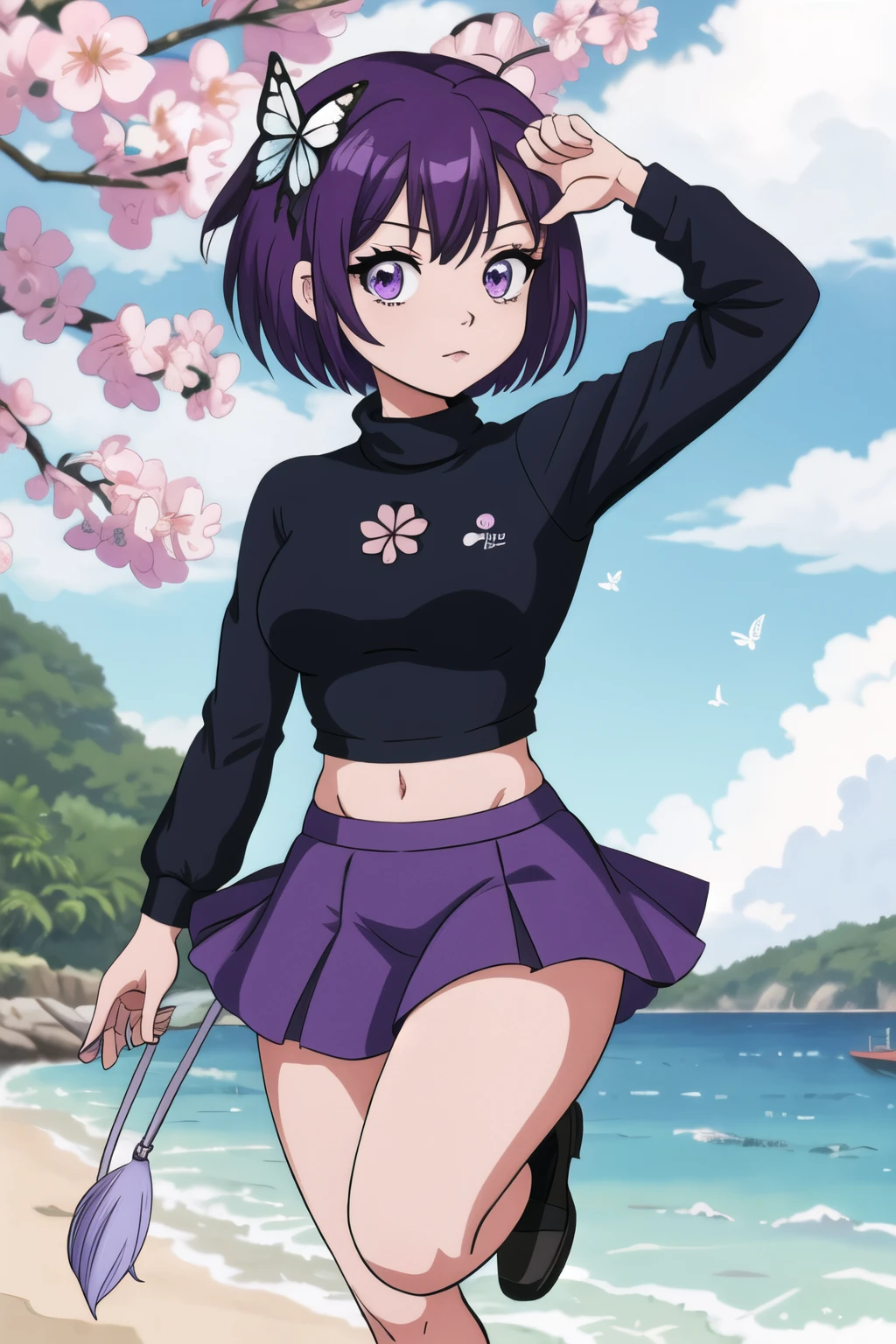 masutepiece, Best Quality, hight resolution, 1girl in, 独奏, kochou shinobu, Decorate your hair with butterflies, violet eyes, Multi-colored hair, Short hair, Parted bangs, open one's legs, Skirt, Turtleneck Top, a navel, Mare, the beach, outside of house, Erotica, swim wears,