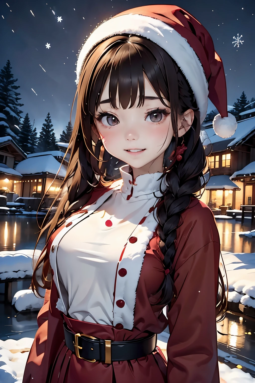raw、santa claus 、one girls、a baby face、Cute little girl s、Smiling、Slender and beautiful、small tits、7Head and body、A dark-haired、Braided twin tails:1.5、Red Santa Claus Hat、carefully drawn brown eyes、enticing、Twin-tailed、It's snowing、snow country、Christmas tree、Christmas Colors、Winters、Silence、natta、Beautiful night sky、