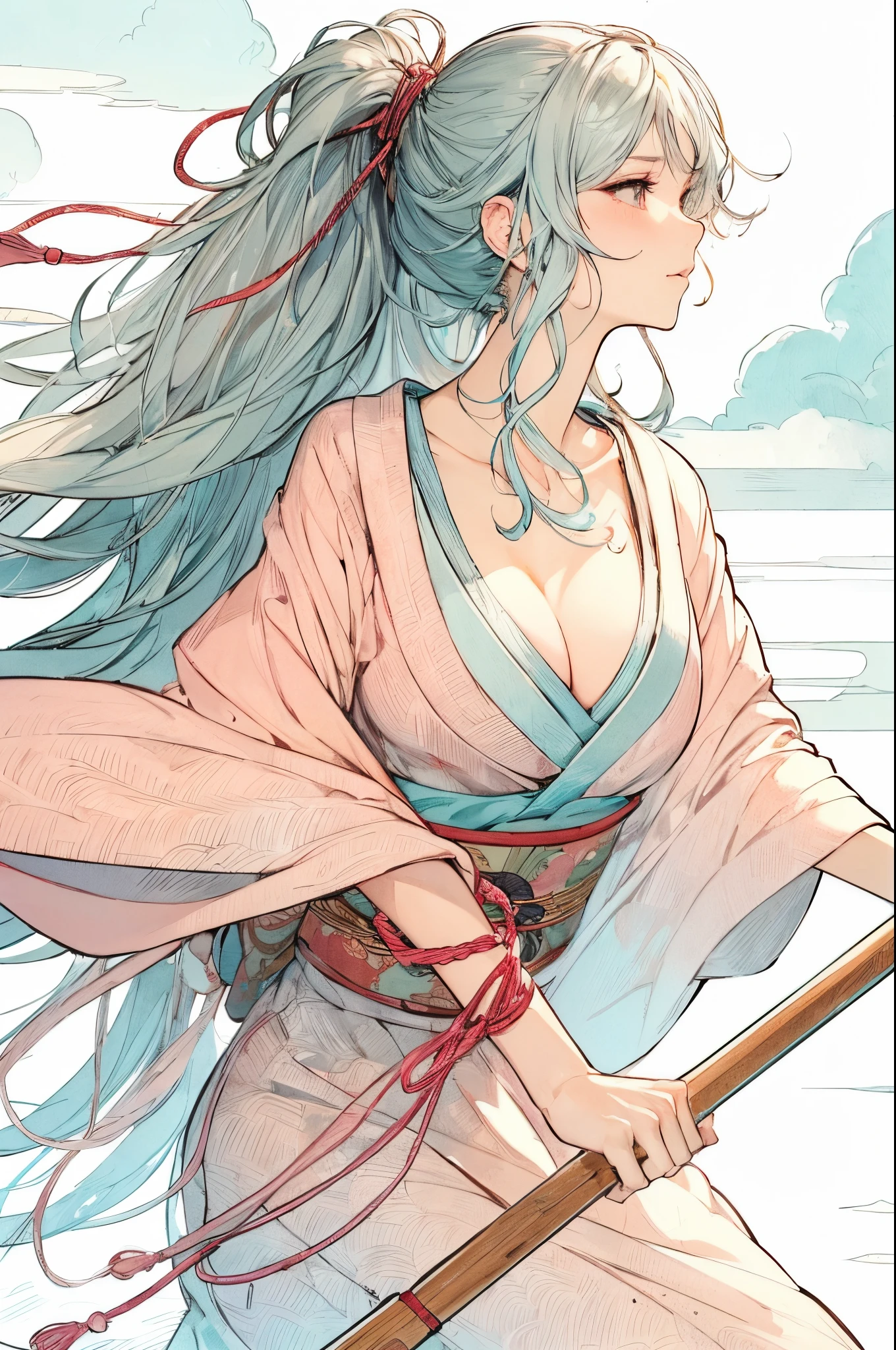 large full breasts, Beautiful woman, Long light blue hair, Ponytail, Red string, Pale pink kimono, Fly gracefully, paddle (kun), Flowing hair, Breeze, Calm skies, Clouds, hightquality, Clear line drawing, transparent watercolor texture, Distinct shading, pixiv, Japanese anime illustration.