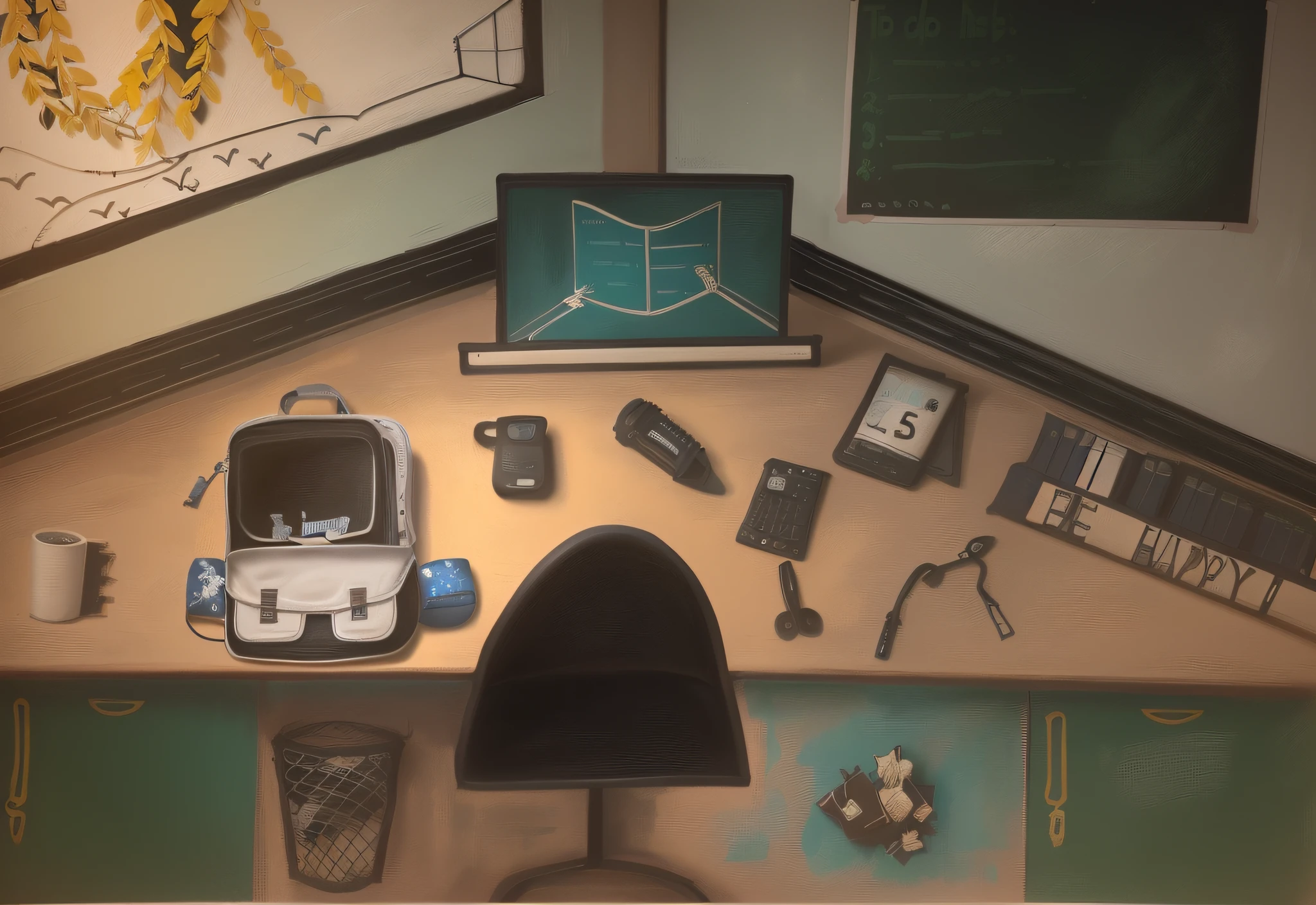 There&#39;s a table here，oda&#39;A computer and a backpack, Classroom background, classroom doodle, room painting, illustration, author：dora crusade, detailed school background, detail on scene, office backdrop, author：Christine Kobuk, by Carey Morris, highschool background, by Brigette Balague, Detailed shooting, pupils