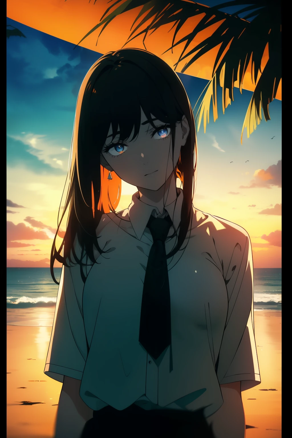 ((Obra maestra, La mejor calidad, ultrahigh resolution)), 1girl, standing, school uniform, white office shirt, black pleated skirt, ((jet black hair), long hair cut, pale skin, ((blue eyes)), glowing_eyes, neon eyes, ((ultra detailed eyes:0.7, beautiful and detailed face, detailed eyes:0.9)), ((centered)), smile, ((wide shot)), facing viewer, eye level, (((bright background, retro sunset, palm tree, orange hues in background))), flat chested, looking at viewer, ((half closed eyes)), ((perfect hands)), (((head:0.9, arms, hips, elbows, in view))), ((hands behind back)), empty eyes, beautiful lighting, outside, outdoors, background, defined subject, (25 years old), (head tilt)
