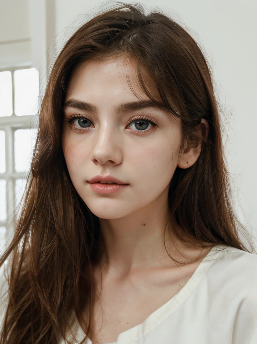 ((masterpiece、top-quality、realisitic、ultra-detailliert、hight resolution、Photorealsitic、foco nítido))、sony premium camera、8K、Full High Resolution、Photographing a beautiful girl from the front、With an oval face and symmetrical facial structure、Big eyes、Khazar eye color、almond shape eyes、Straight and balanced nose、soft wavy brown hair、heart-shaped lip、Perfect eyebrows、Perfect ears、Soft skin、pale white skin、raise your chin slightly、Mouth closed、deadpan 、Plain background、Bright light、High color saturation、High contrast