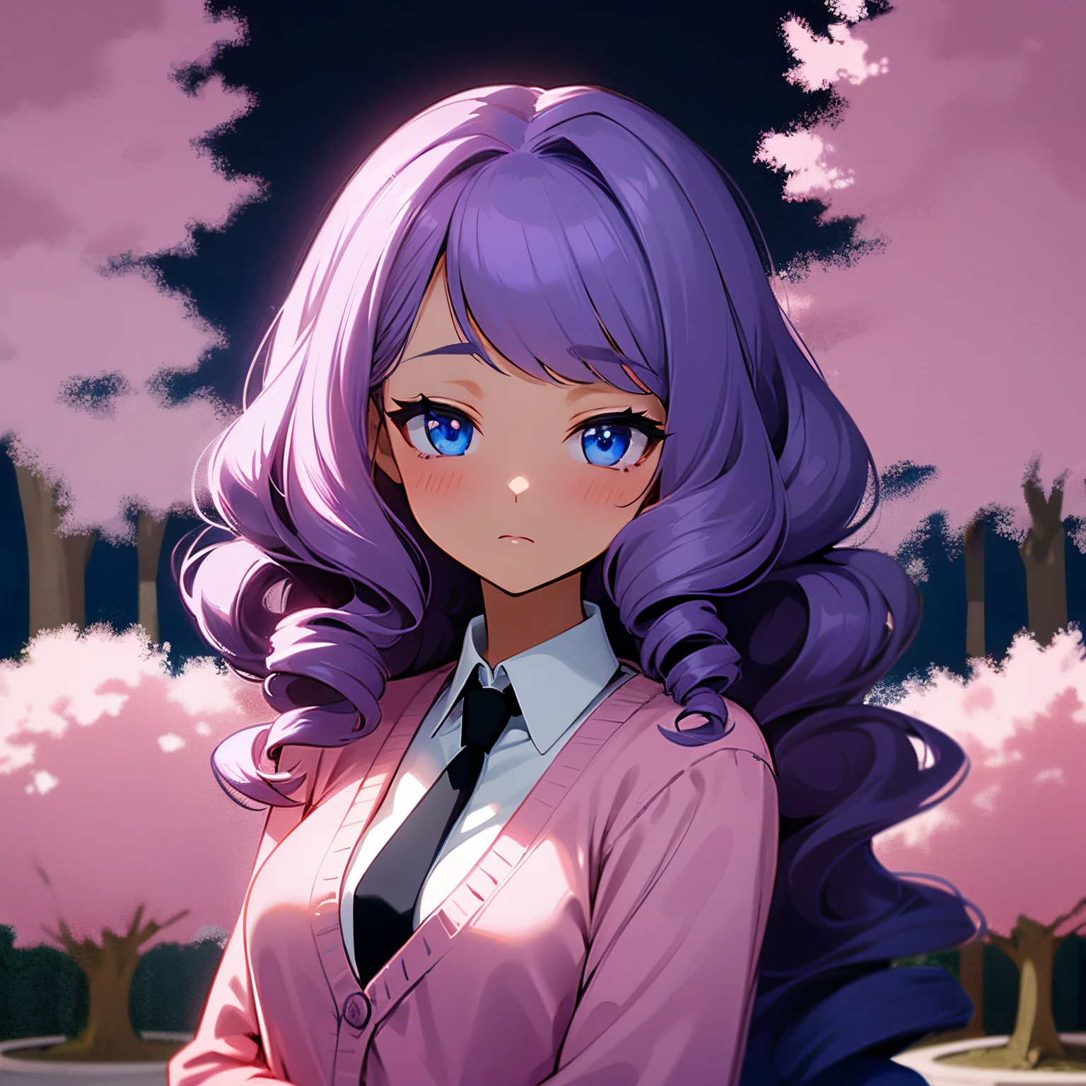 A beautiful woman with long wavy violet hair, drill curls, side swept bangs, blue eyes, light tanned skin, blank expression, slight blush, wearing a white long sleeve shirt, plain black necktie, and pink cardigan, at the park, nighttime, surrounded by cherry blossom trees