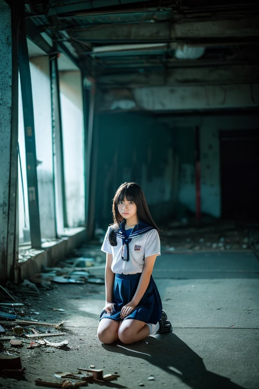 ((Inside a broken concrete building))、((Beautiful japanese girl))、a beauty girl、Cute same school uniform、Same sailor suit、sixteen years old、bangla hair straight short hair, Height 170cm、8th class、Tough expression、(glares)、(Angry look)、((Navy long skirt below knee length))、Pitch black night、total darkness、(deep in the night)、the wind、Thin leg、Niō Standing、put strength into your body、