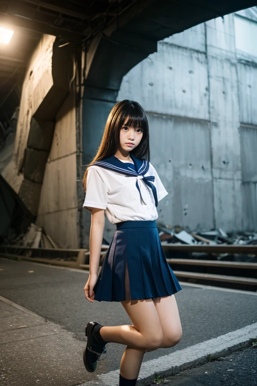((Inside a broken concrete building))、((Beautiful japanese girl))、a beauty girl、Cute same school uniform、Same sailor suit、sixteen years old、bangla hair straight short hair, Height 170cm、8th class、Tough expression、(glares)、(Angry look)、((Navy long skirt below knee length))、Pitch black night、total darkness、(deep in the night)、the wind、Thin leg、Niō Standing、put strength into your body、
