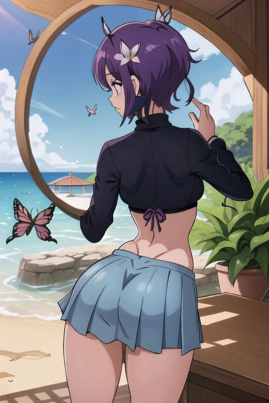 masutepiece, Best Quality, hight resolution, 1girl in, 独奏, kochou shinobu, Decorate your hair with butterflies, violet eyes, Multi-colored hair, Short hair, Parted bangs, Skirt, Turtleneck Top, a navel, Mare, the beach, outside of house, Erotica, swim wears, (arched back, Appearance from behind, round ass:1.7)