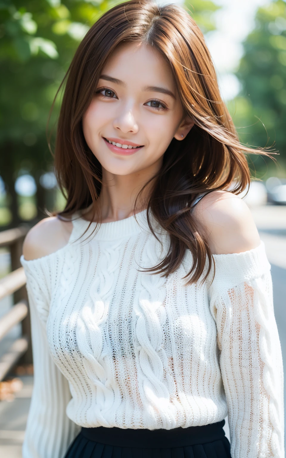 (Raw photo, Best Quality), (Realistic, Photorealsitic:1.3), masutepiece, Extremely delicate and beautiful, Soft light, (Brown hair, Shoulder-length straight hair swaying in the wind), Beautiful detailed girl, (Detailed fingers Highly detailed eyes and face, beautiful detailed nose, Beautiful detailed eyes, 1 girl, Japanese, Neat and clean beauty, Cute, 年轻, Smile, Sweaters, Skirt, (Half body:1.3), (medium breasts), Realistic face, Realistic body, Outdoors、Knitted long-sleeved sweater、A big smile