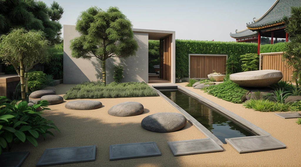 A photo of indoor garden, CHINA garden, exterior, trees, green architecture, lantern light, sand, stone, trees, mini rectangle lake, bamboo, architecture visualisation, photography, 8k, masterpiece, ultra quality