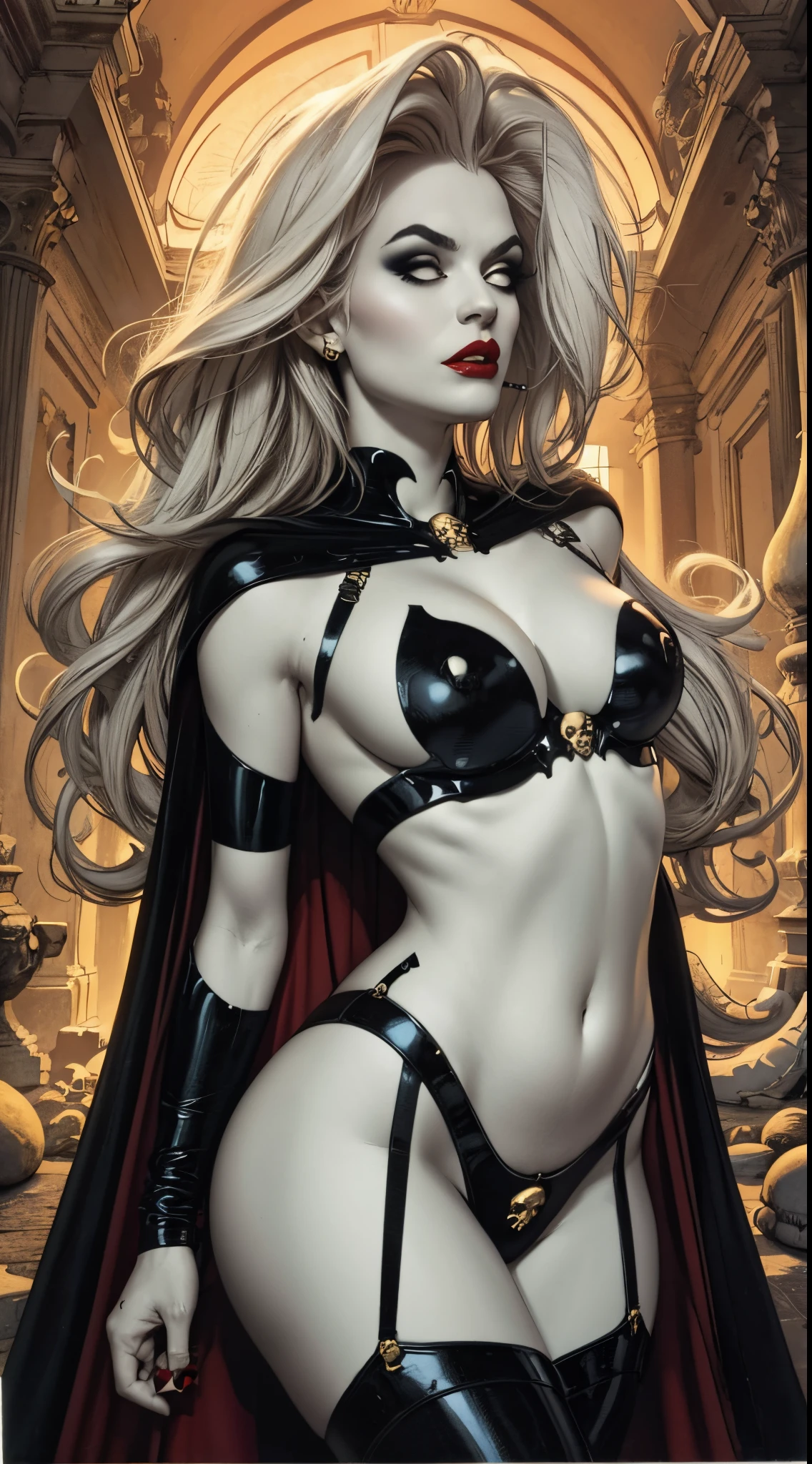 Uma mulher solo girl, Queen of Death, pale skinned, cabelos brancos, olhos vermelhos, red-lips, goth makeup, expression would be sensual, corpo sensual sexy, cintura fina, coxas grossas, usando um vestido antigo preto, ela usando um colar de caveira de prata, in the background a cemetery and she is holding a soul with her hand, detailed graphic bright and vibrant colors, imagem de corpo todo