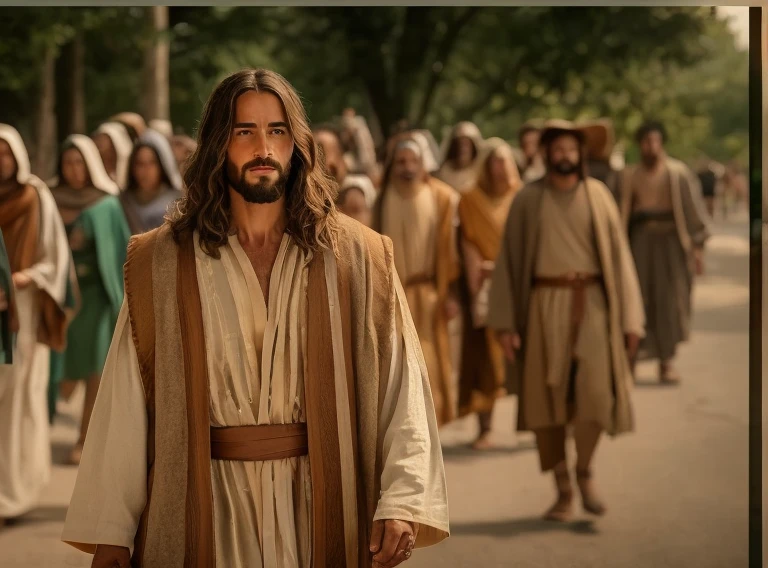 Jesus walking with a group of people behind him, Jesus Cristo, jesus of nazareth, O Senhor e Salvador, Jesus, vestindo vestes marrons, vestes religiosas, biblical clothing, walking towards the camera, Walking towards the camera, he is greeting you warmly, anime and realistic animation