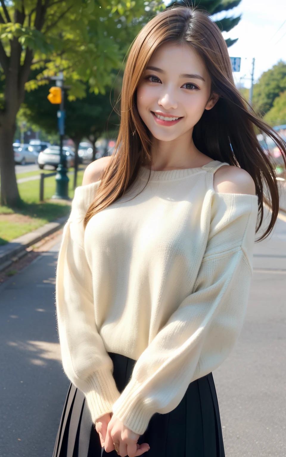 (Raw photo, Best Quality), (Realistic, Photorealsitic:1.3), masutepiece, Extremely delicate and beautiful, Soft light, (Brown hair, Shoulder-length straight hair swaying in the wind), Beautiful detailed girl, (Detailed fingers Highly detailed eyes and face, beautiful detailed nose, Beautiful detailed eyes, 1 girl, Japanese, Neat and clean beauty, Cute, 年轻, Smile, Sweaters, Skirt, (Half body:1.3), (medium breasts), Realistic face, Realistic body, Outdoors、Knitted long-sleeved sweater、A big smile