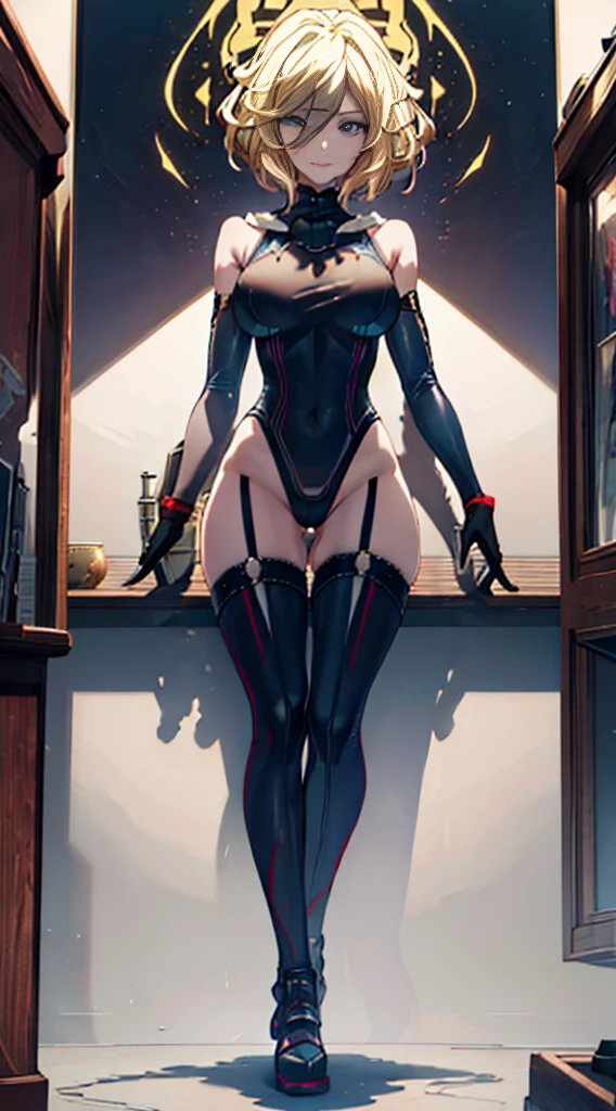 Leotard, highleg,a blond,Bad smile,Detailed art photos, beautifull detailed face, Dreamy, blazing, Back lighting, Glamour, Glow, shadowy, oil on canevas, brushstrokes, Soft, Ultra high definition, 8K, unreal enginee 5, Ultra Focus Sharp, ArtGerm, Roisch, nffsw, intricate art masterpiece, Menacing, Matte Paint Movie Poster, Golden ratio, CGsociety trend, Convoluted, epicd, Highly detailed, Vibrant, production cinematic character render, Quality model ultra-high,high-level image quality,well-muscled,Explanation from head to boots.,