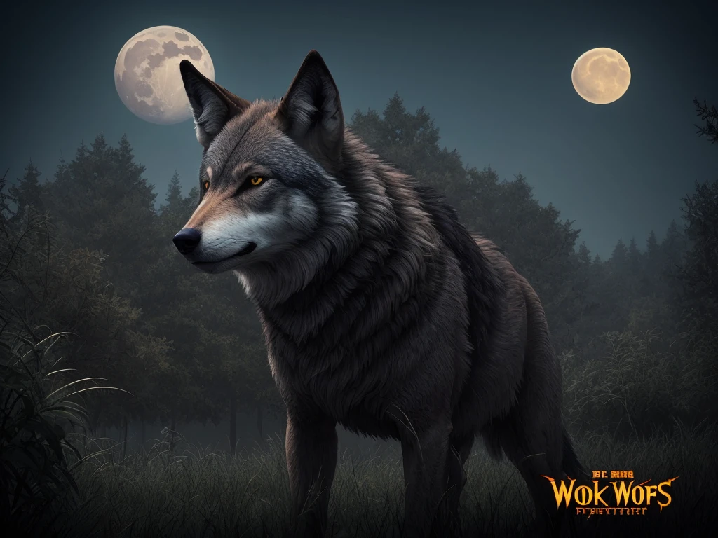 Create captivating logo designs featuring evil wolves in the foreground, Soak in the eerie glow of the full moon. Wolves must radiate malice, With sharpening, intimidating features. Envelop the scene in a mystical atmosphere., Integrates subtle elements of darkness and mystery.4K resolution.Using Cinema 4D.Fantasy Art.Focus on character .