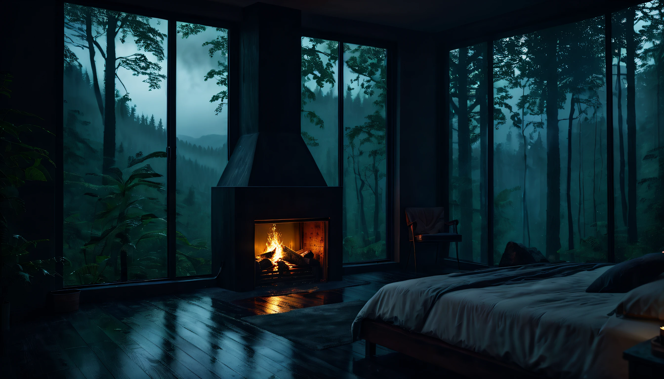 Bedroom view with fire in the fireplace in the room, large windows overlooking the forest, quiet night. original image, rainy day. original rendering, rainy night, gloomy cinematic lighting, atmosphere, moody scenes, dramatic lighting. cinematic, cinematic, atmospheric shots, gloomy weather. hyperrealistic, atmospheric rendering, rainy night, huge forest, cinematic, 4k, ultra hd, atmospheric and gritty details, beautiful and cinematic lighting, rainforest