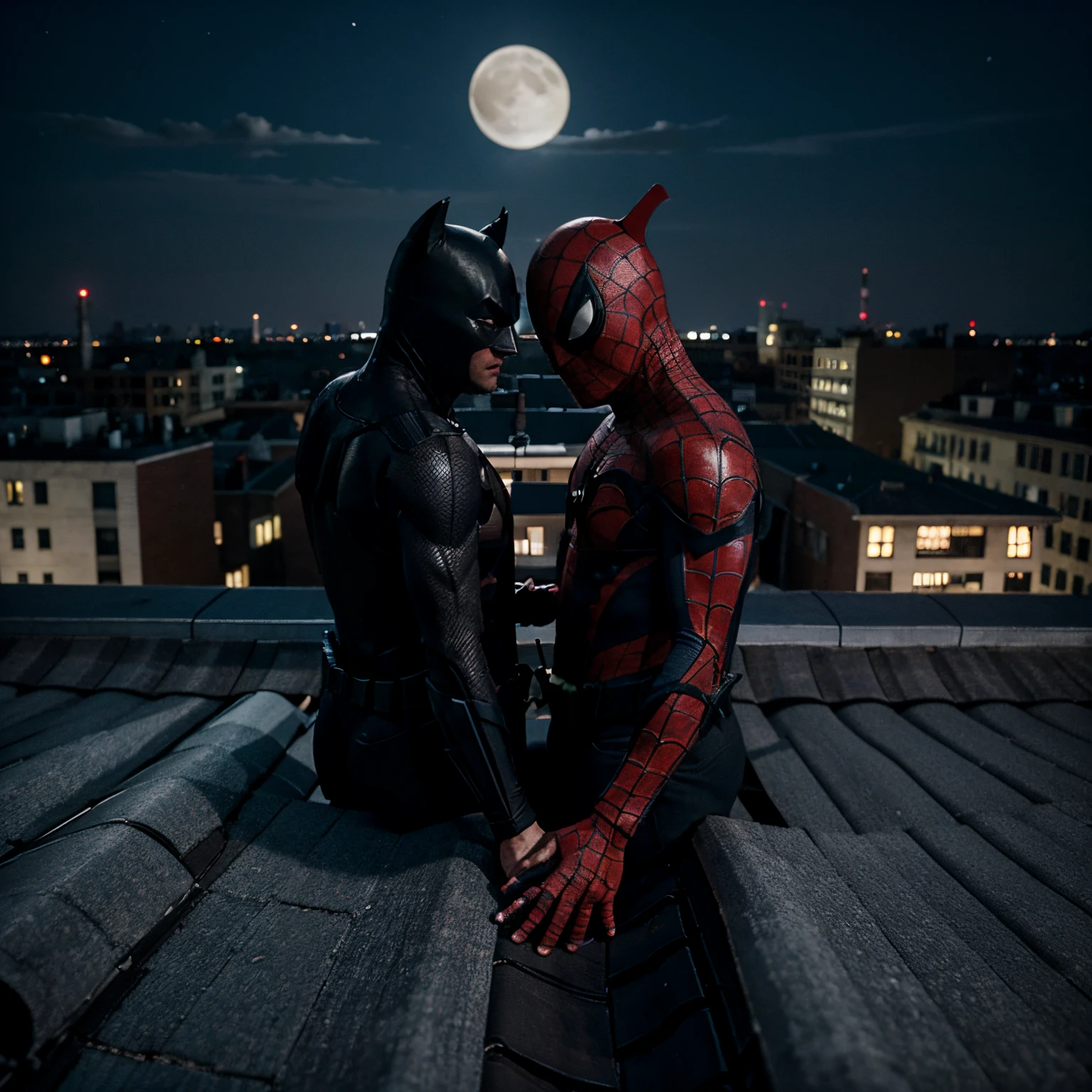 batman and spider man looking at the moon as they hold hands on a rooftop