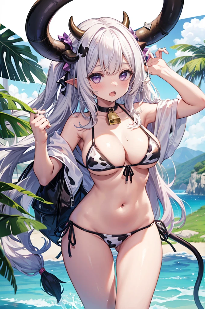 big tits, 1girl, breasts, swimsuit, bikini, solo, tail, animal ears, horns, bell, blush, navel, cow ears, cow tail, cow horns, animal print, cow print, neck bell, bangs, long hair, white background, side-tie bikini bottom, looking at viewer, simple background, wrist scrunchie, skin dentation, open mouth, purple eyes