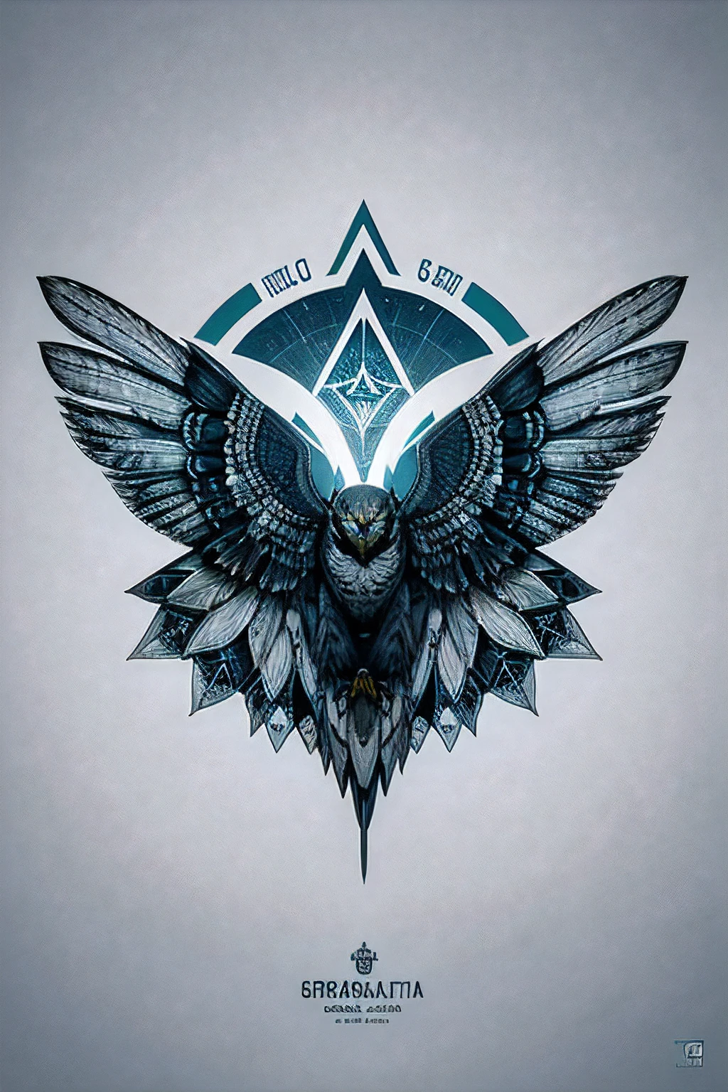 logo, buho realista con alas abiertas en sus garras varios planos enrollados, fondo escuadras de cristal y una regla de oro en la parte de abajo, buho blanco con gris, ojos azules, la letra R sobre el en forma de logo de familia, escuadras geometrica de 60 grados y 45 grados, art type advertising illustration