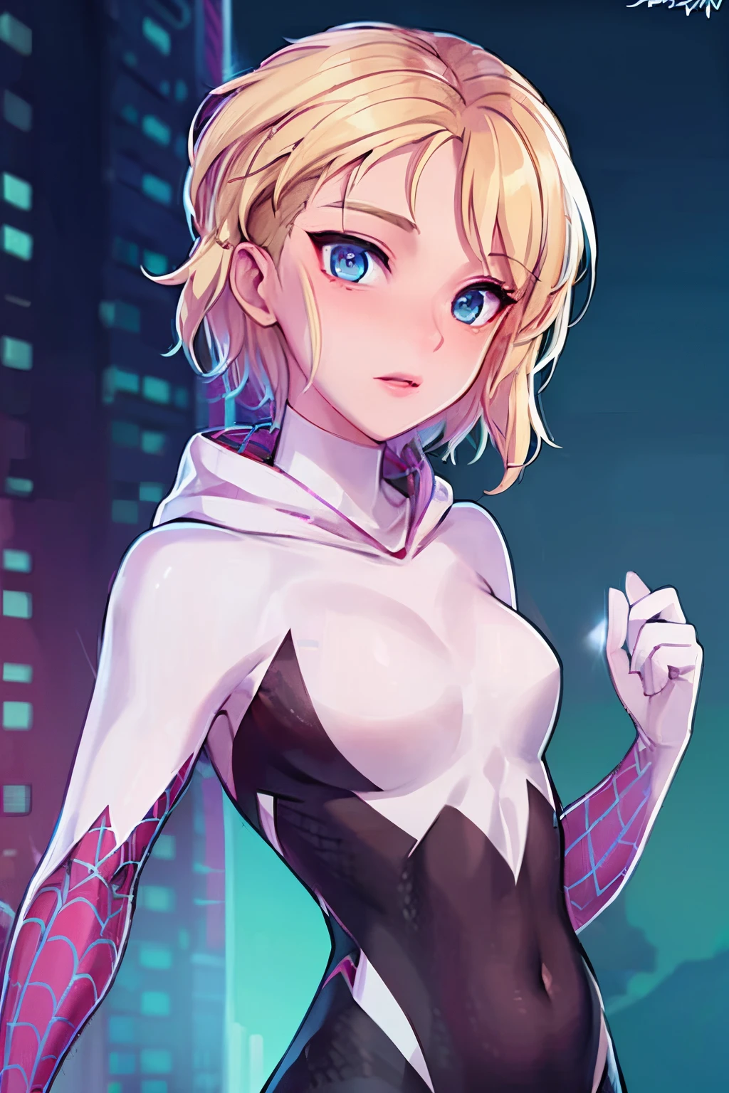 ghost spider, gwen  in a black outfit with spider in the center of his chest in white, organic looking outfit, gooey forehead, symbiote, white eyes, fine art, ps5 cinematic screenshot,highly detailed detailed cinematic rendering, ultra photorealistic raytricing, with cinematic lighting