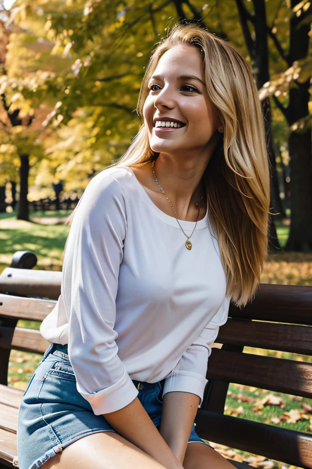 hyper-realistic selfie of a beautiful blonde haired  female named Madison Taylor, thin face, laughing hysterically, sitting on a park bench in the autumn in Central park