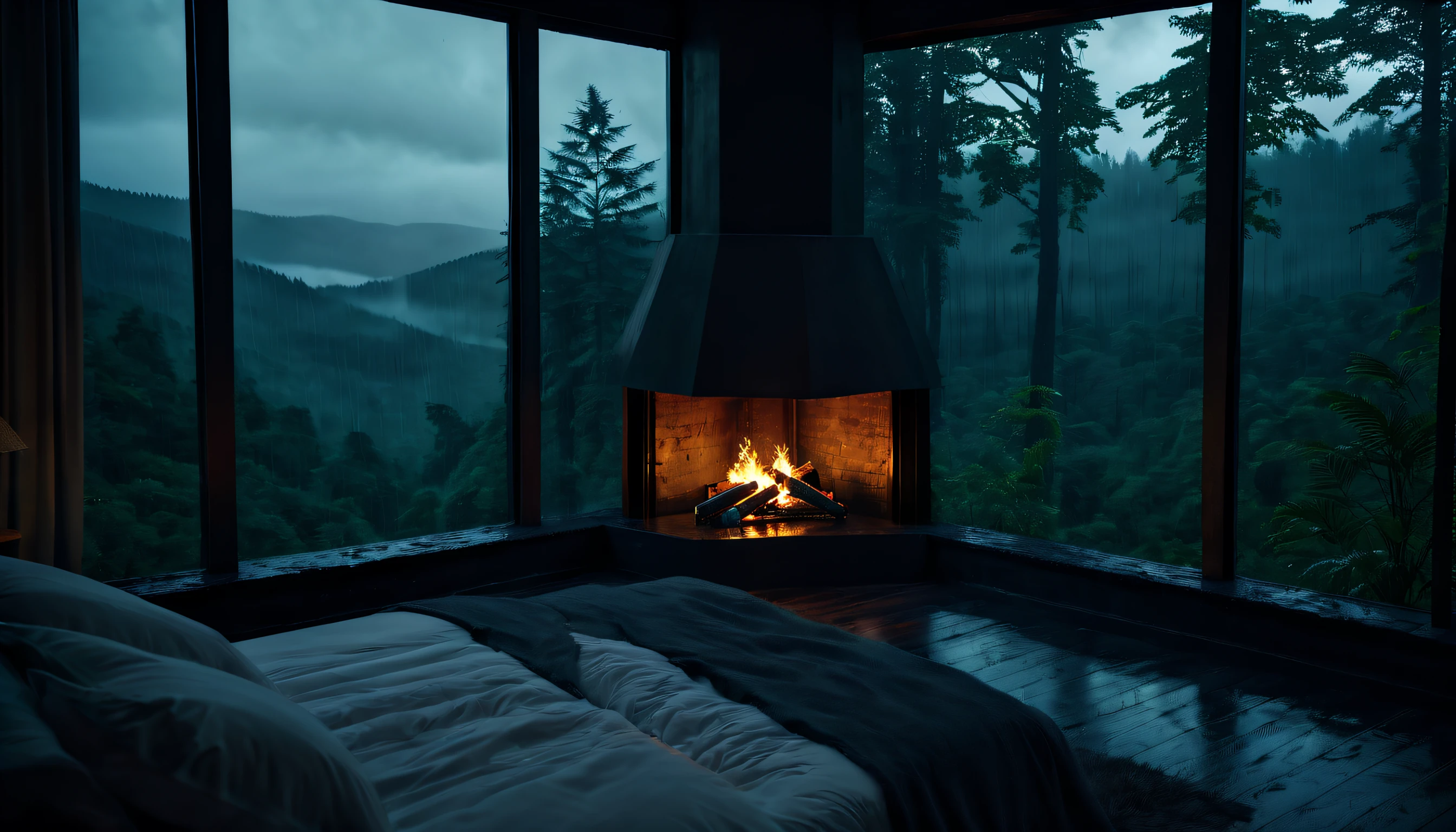 Bedroom view with fire in the fireplace in the room, large windows overlooking the forest, quiet night. original image, rainy day. original rendering, rainy night, gloomy cinematic lighting, atmosphere, moody scenes, dramatic lighting. cinematic, cinematic, atmospheric shots, gloomy weather. hyperrealistic, atmospheric rendering, rainy night, huge forest, cinematic, 4k, ultra hd, atmospheric and gritty details, beautiful and cinematic lighting, rainforest