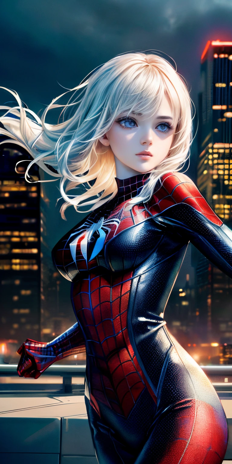 (1girl in:1.3), Solo, (((Very detailed face)))), ((Very detailed eyes and face)))), Beautiful detail eyes, Body parts__, Official art, Unified 8K Wallpaper,, (((kawaii)), masutepiece, Best Quality, Original, masutepiece, Super Fine Photo, Best Quality, 超A high resolution, Realistic realism, Sunlight, Full body portrait, Amazing beauty, Dynamic Pose, Delicate face, Bright eyes when viewed from the front), she is wearing a Spider-man suit, Red and black color scheme, spider, very detailed city roof background, On the rooftop, overlooking a city, Detailed face, Detailed complex busy background, Messy, Gorgeous, Milky White, highly detailedskin, Realistic skin details, Clear focus, Volumetric fog, 8K UHD, Digital SLR, High quality, Film grain, Fair skin, photorealisim, Lomography, Futuristic dystopian megalopolis, translucent ,Bust、((Hair fluttering in the wind))、Dark eyes