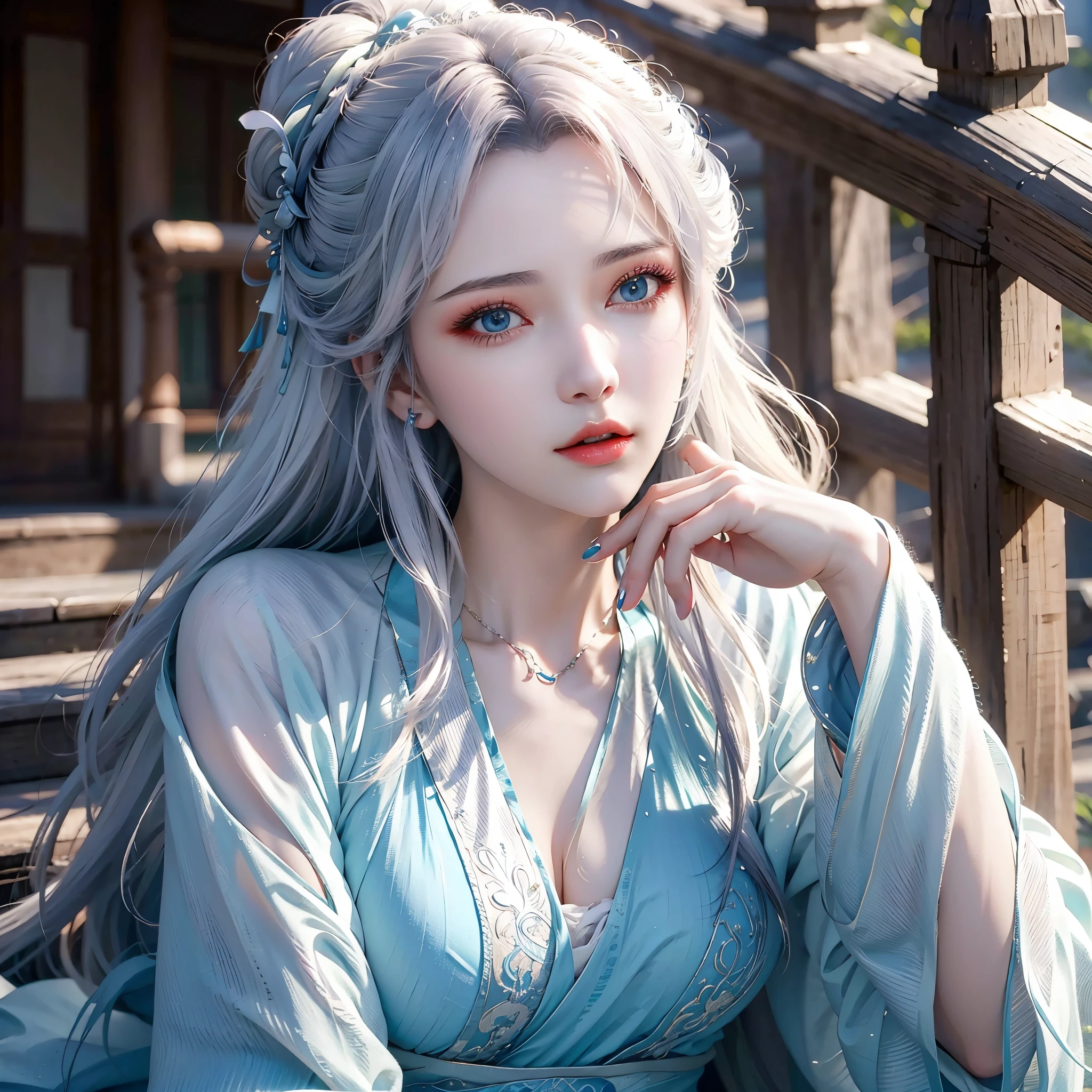 arafed woman with white hair and blue dress sitting on steps, palace, a girl in hanfu, beautiful character painting, artwork in the style of guweiz, realistic anime 3 d style, with long white hair, fantasy art style, beautiful digital artwork, guweiz, with white long hair, bangs, hair pins, realistic. cheng yi, beautiful anime portrait