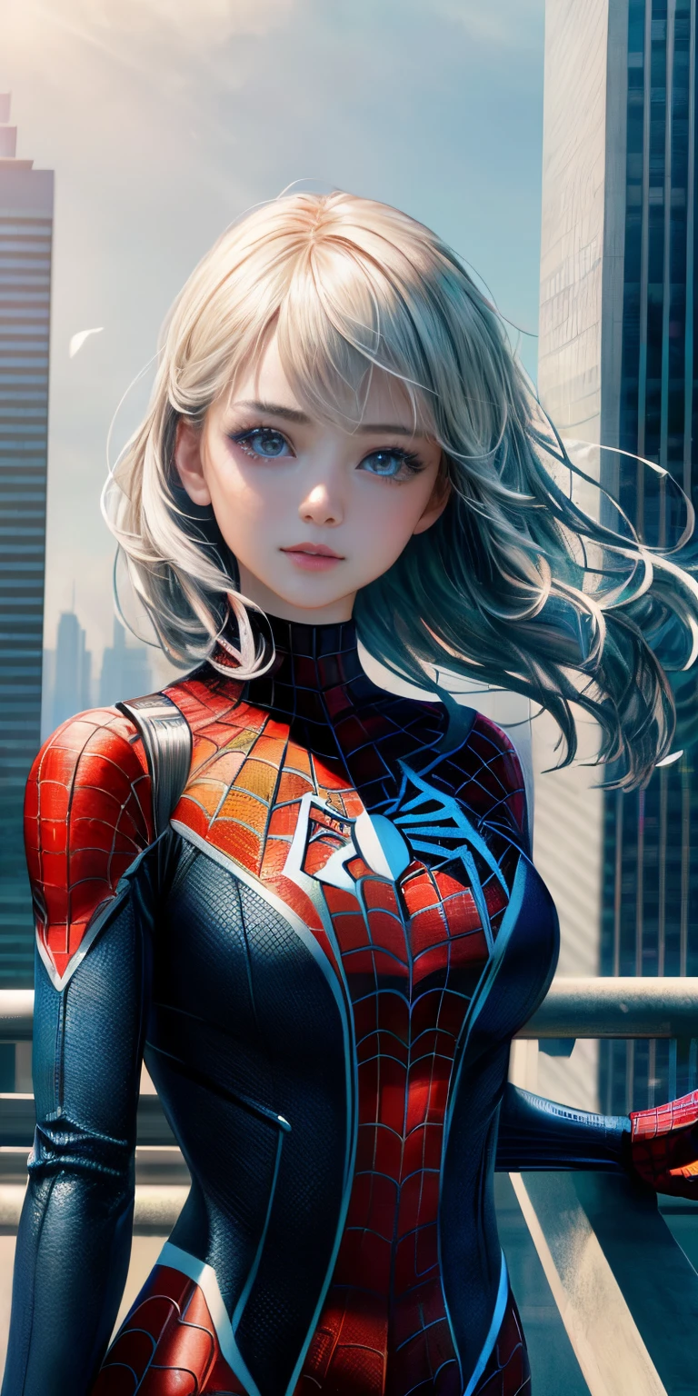 (1girl in:1.3), Solo, (((Very detailed face)))), ((Very detailed eyes and face)))), Beautiful detail eyes, Body parts__, Official art, Unified 8K Wallpaper,, (((kawaii)), masutepiece, Best Quality, Original, masutepiece, Super Fine Photo, Best Quality, 超A high resolution, Realistic realism, Sunlight, Full body portrait, Amazing beauty, Dynamic Pose, Delicate face, Bright eyes when viewed from the front), she is wearing a Spider-man suit, Red and black color scheme, spider, very detailed city roof background, On the rooftop, overlooking a city, Detailed face, Detailed complex busy background, Messy, Gorgeous, Milky White, highly detailedskin, Realistic skin details, Clear focus, Volumetric fog, 8K UHD, Digital SLR, High quality, Film grain, Fair skin, photorealisim, Lomography, Futuristic dystopian megalopolis, translucent ,Bust、((Hair fluttering in the wind))、Dark eyes