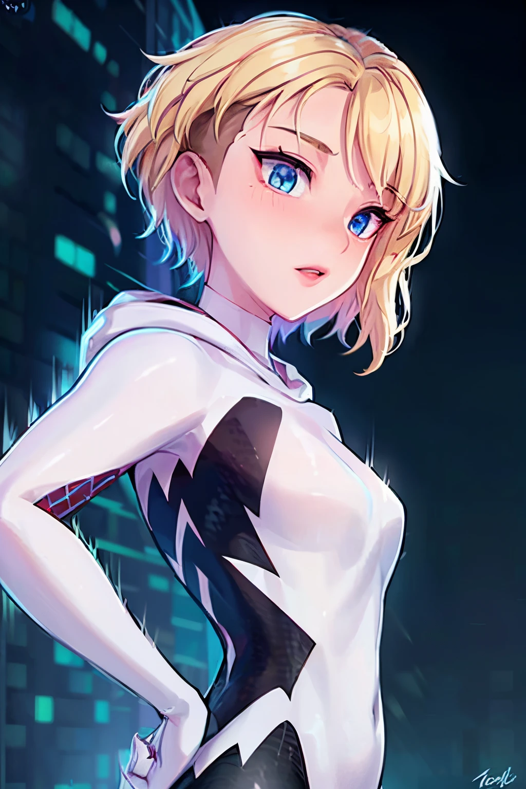ghost spider, gwen in a black outfit with spider in the center of his chest in white, organic looking outfit, gooey forehead, symbiote, white eyes, fine art, ps5 cinematic screenshot,highly detailed detailed cinematic rendering, ultra photorealistic raytricing, with cinematic lighting