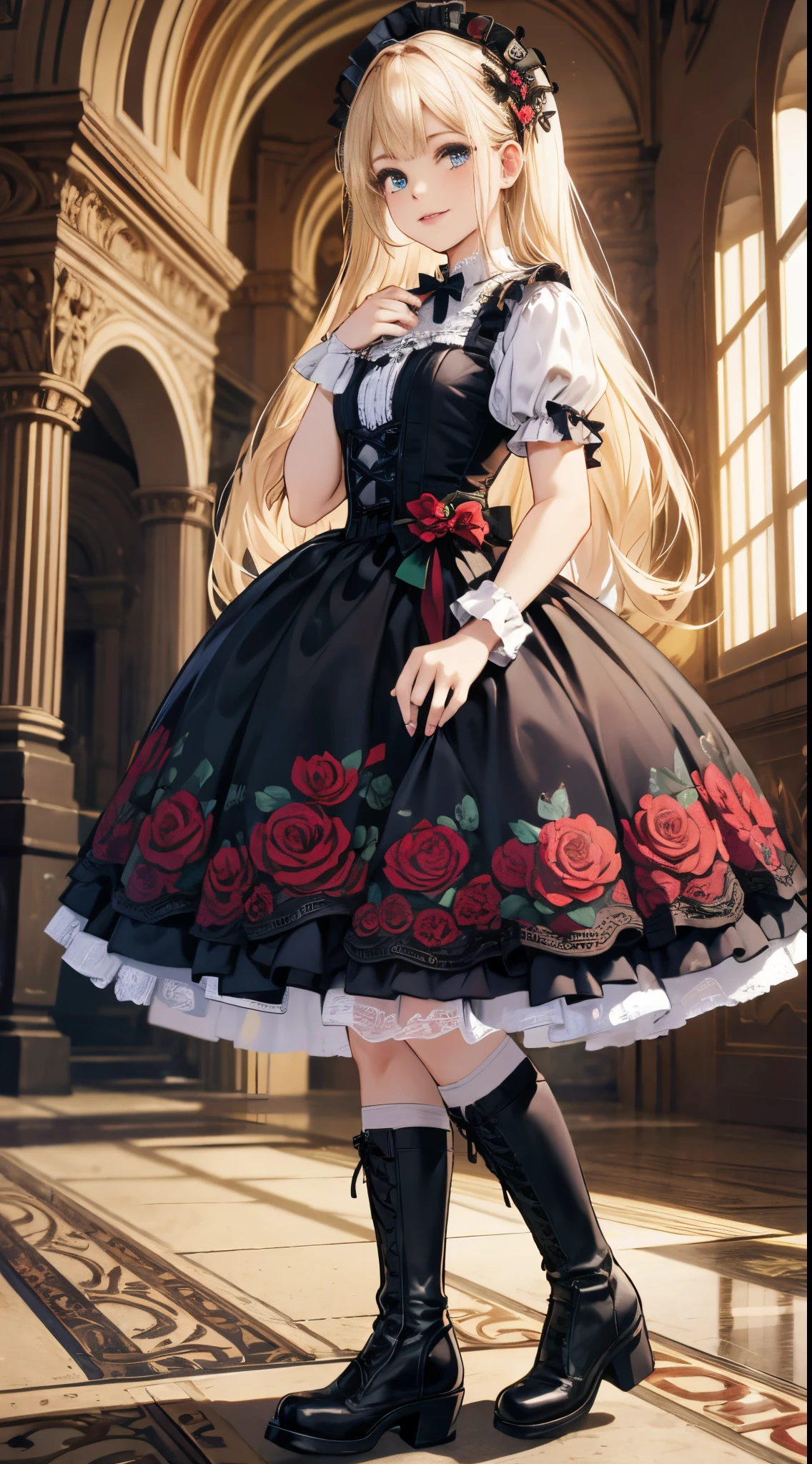 A woman in a dress and boots is standing in front of a building, baroque dress, in detailed steampunk dress, an elegant gothic princess, victorian gothic lolita fashion, Historical Baroque Dress Dark, black gothic lolita dress, fantasy style clothing, rococo dress, black rococo, classical witch, fantasy outfit, wearing a gothic dress, romantic dress, gothic dress