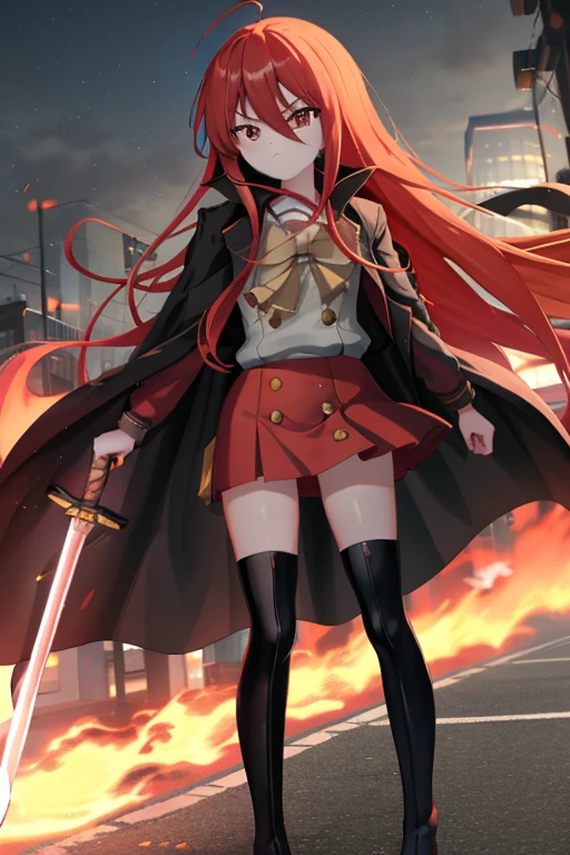 masutepiece, Best Quality,the Extremely Detailed CG Unity 8K Wallpapers, 
1girl in,Shana,Red hair,Red Eyes,Ahoge,Mini skirt dress，Riders Jacket，arma(One Japanese sword)，Grip the handle of the Japanese sword with both hands，the blade is engulfed in flames，knee high socks，Knee-high boots with tuck grounds(In the street，rubble)，expressioness(Serious face)