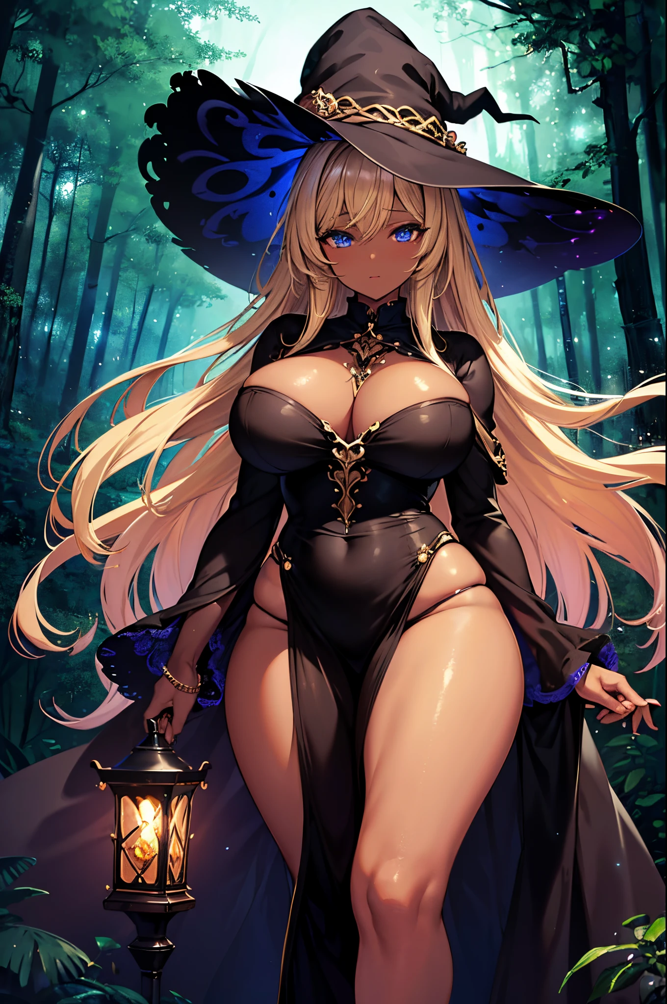 (Masterpiece, Best quality, ultra high resolution),1girl, dark brown skin, blonde hair, large breasts and thick hips, witch outfit, witch hat, beautiful and detailed face, detailed eyes, in a dark forest at night time, glowing hair