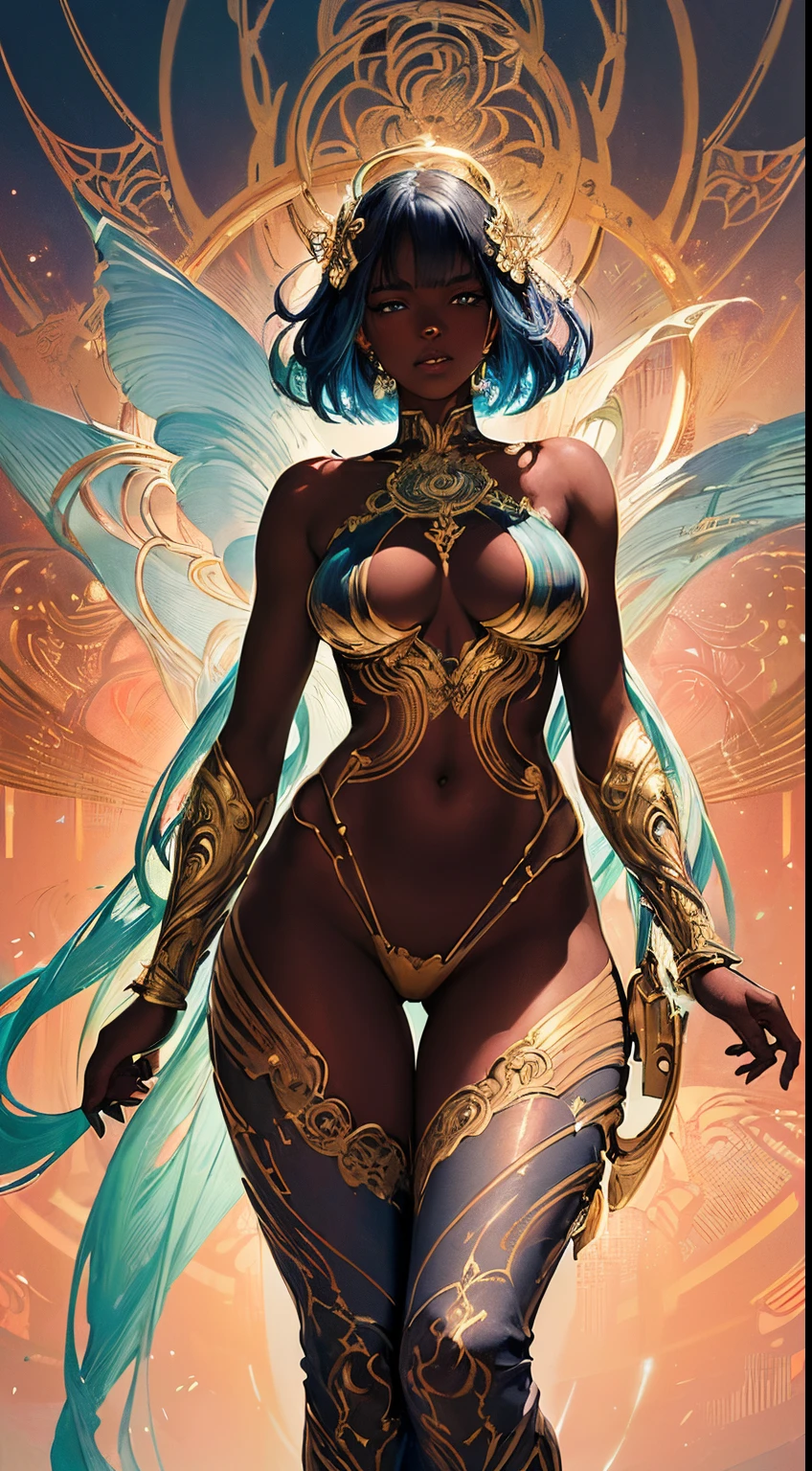 {Celestial hues, lofi, shiny aura, natural glow, beautiful, young black woman in a crop top and baggy jeans} (((dark skintone, perfect face, highly detailed, dynamic pose, crisp and gold intricate motifs, organic tracery, perfect composition, digital painting, artstation, concept art, smooth, sharp focus, illustration, Carne Griffiths, pixar, Victo ngai, Jean Baptiste Monge, beautiful, perfect eyes, full lips, 8k, beauty quality, full shot )))