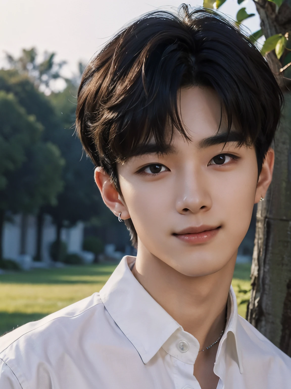 (photorealistic, masterpiece, 8K HD, good lighting quality, portrait, closing up on face, intricate details), a handsome young korean man, 20 years old, cute, happy, smiling brightly, friendly, charming, detailed face, detailed eyes, looking at the sky, casual wear, earring, brown eyes, black hair, smooth hair, curly hair, hair bangs, outdoors, early morning, dreamy world, surrealism, ethereal