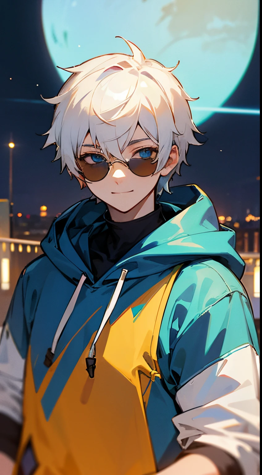 a young guy, white short hair, stocky build, Shining blue eys, black mountain-hoodie,upper body photo, wry smile, alone, surrounds lights, anime,impudent,take off one's tiny-cirlce sunglasses