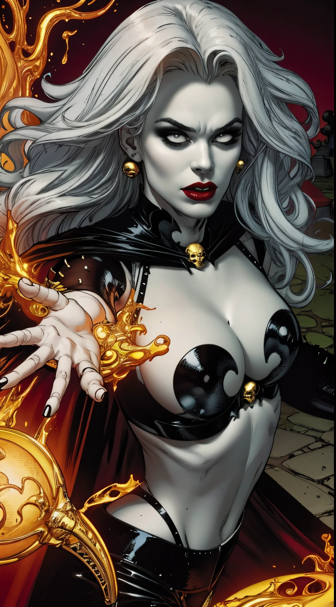 Uma mulher solo girl, Queen of Death, pale skinned, cabelos brancos, olhos vermelhos, red-lips, goth makeup, expression would be sensual, corpo sensual sexy, cintura fina, coxas grossas, usando um vestido antigo preto, ela usando um colar de caveira de prata, in the background a cemetery and she is holding a soul with her hand, detailed graphic bright and vibrant colors, imagem de corpo todo