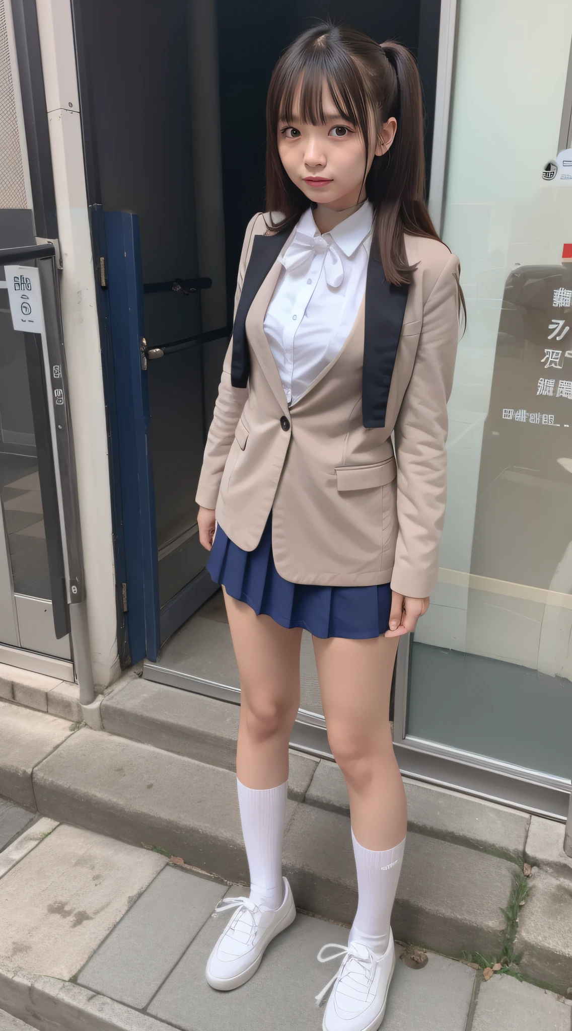 student clothes ,blazers ,Long sleeve shirt worn by Japan high school girl ,Ribbon Ties ,Dark blue mini skirt, Dark blue socks, Black loafers