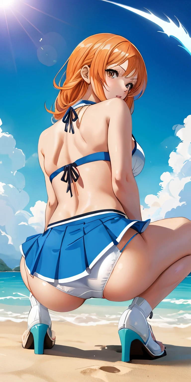 An arafe woman wearing a bikini top and super miniskirt and holding a sword, Get on all fours with your hands、White panties are fully visible、Angle seen from behind while crawling on all fours on the bank、White shorts visible under the miniskirt、nami one piece, beautiful portrait of nami,White panties visible from the miniskirt、Squatting with M-shaped legs、 Nami of one piece,crawling on all hands and knees,Nami in super miniskirt, Detailed Digital Anime Art, Cute exirobat showing white pants, Very detailed ArtGerm haha, deviantart artstation cgscosiety, realistic bikini, Swimsuit, fanart best artstation, ArtGerm. high detailing