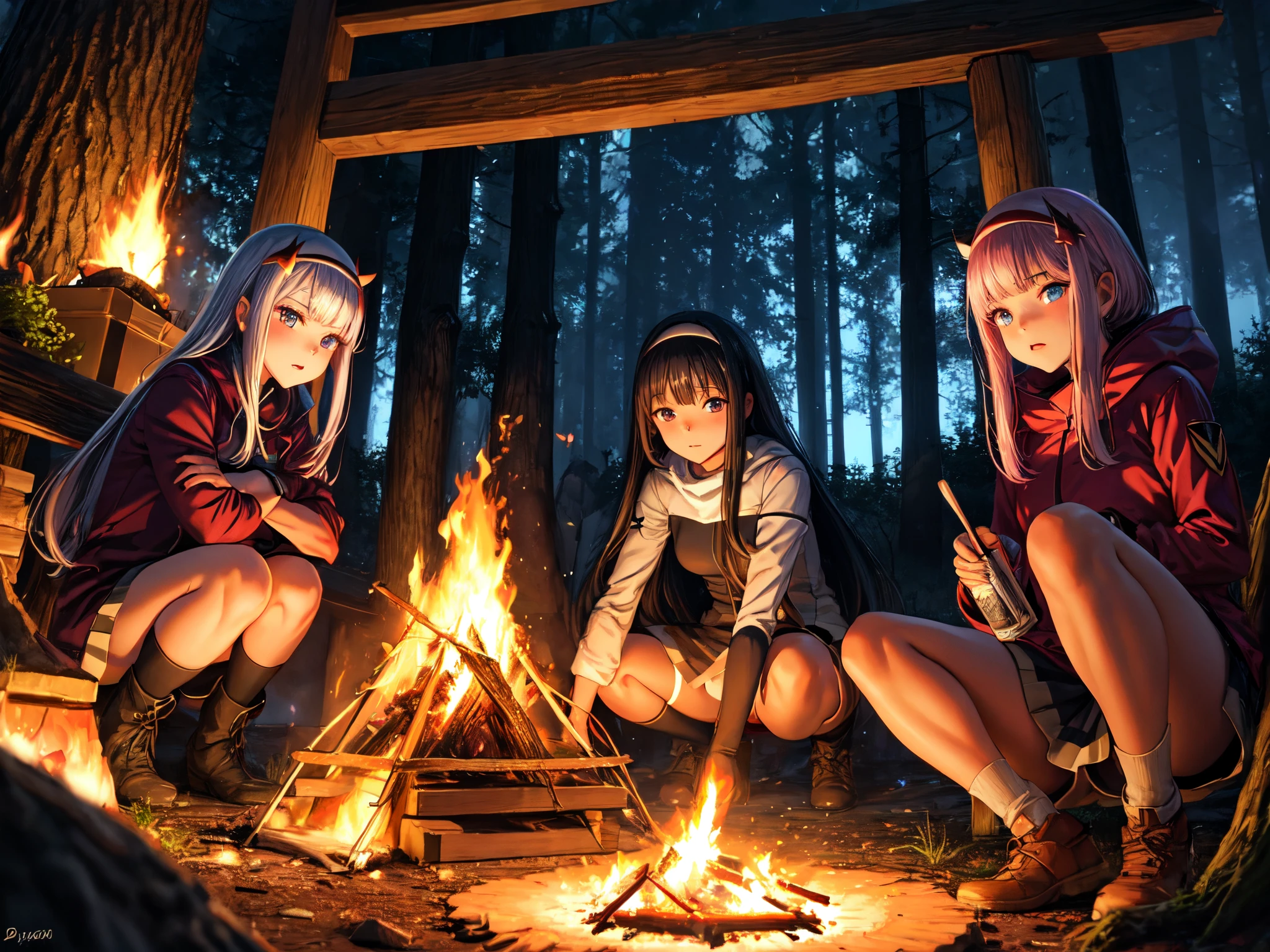 darkness forest, zero two, campfire, night,